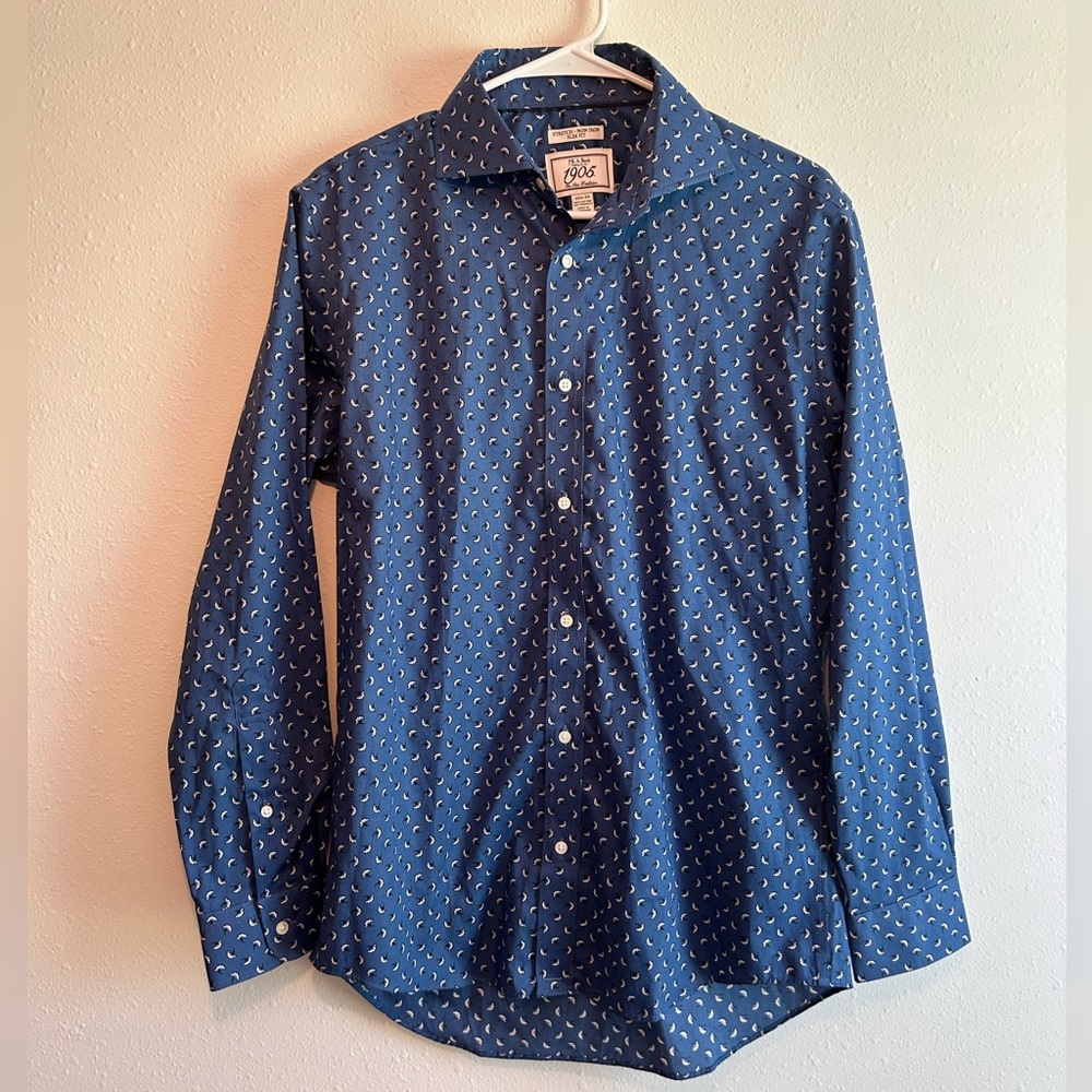 Jos. A. Bank 1905 Blue Patterned Dress Shirt 15.5-33 Stretch Slim Fit